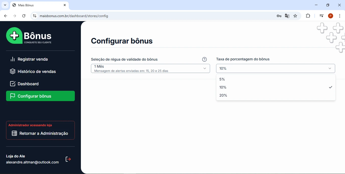 Exemplo de configuração da porcentagem de cada bônus/cashback na plataforma.